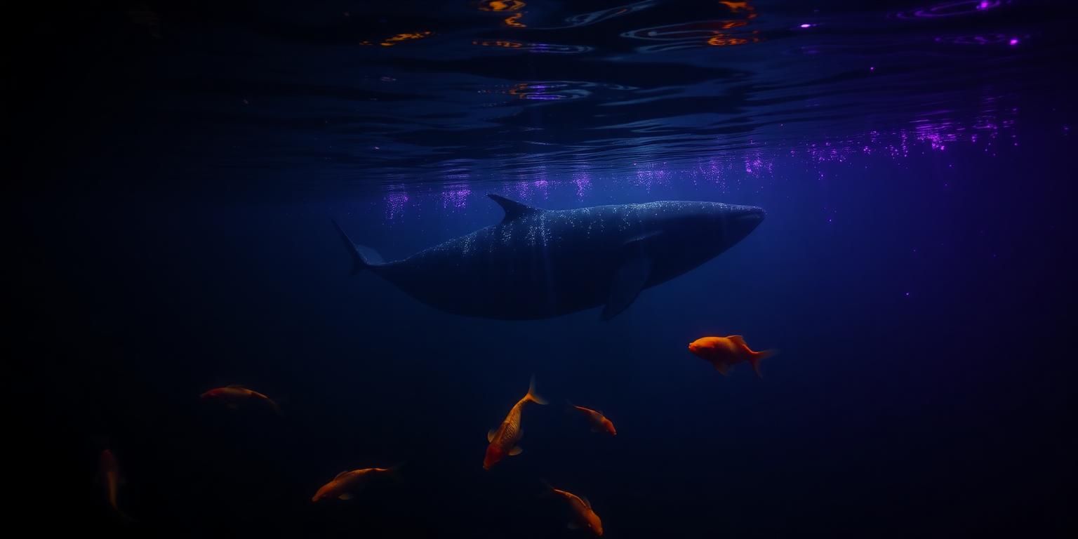 Golden koi and a whale silhouette lit by violet bioluminescence in dark water