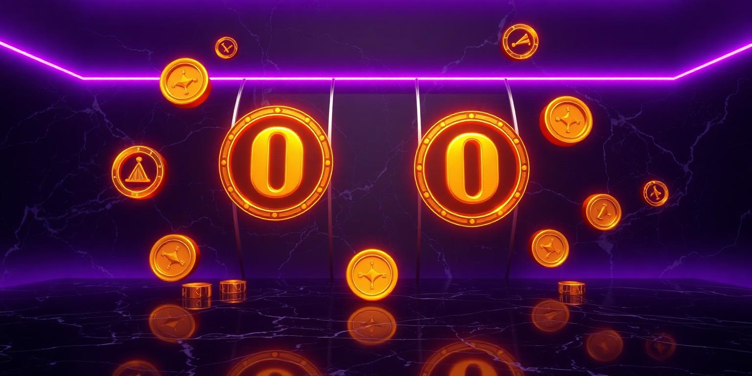 Golden slot reel symbols floating above dark marble with violet neon light
