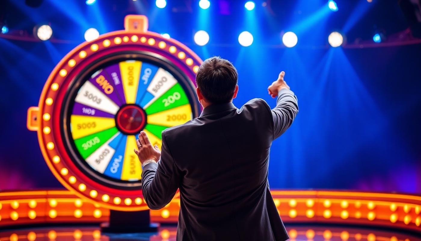 Live game-show host gesturing toward a glowing Crazy Time bonus wheel