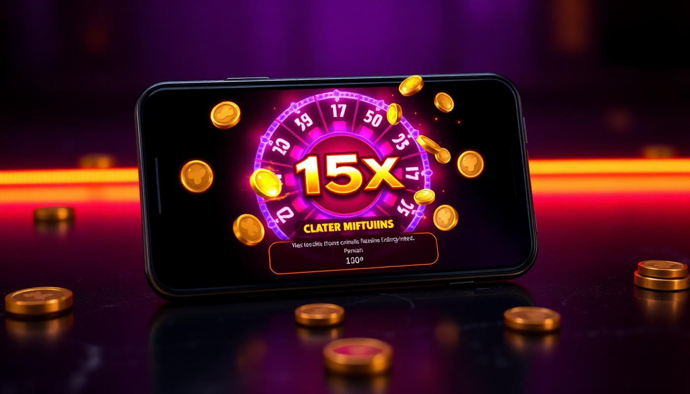Fortune Gems multiplier wheel landing on 15x with gold coins on a phone screen