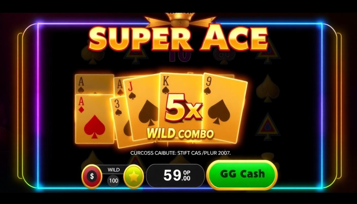Super Ace golden card cascade hitting a 5x wild combo on a dark casino reel